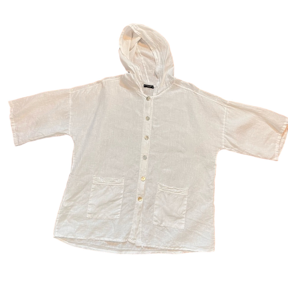 Lungo L’Arno Italy 100% Linen Hooded Tunic Top White Sequin Lagenlook Cover Up